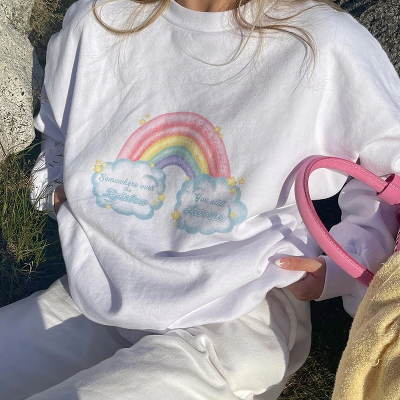 

Fashion Y2K Rainbow Print White Cute O Neck Hoodies White Women Casual Loose Oversized Sweatshirt Autumn Long Sleeve Sweetshirts