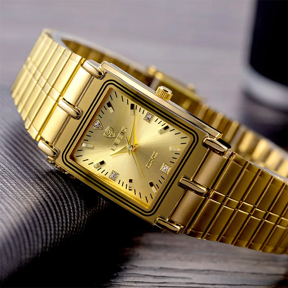LIEBIG Luxury Gold Steel Couple Wristwatches Female Male Clock Golden Quartz Watch For Men Women Watches relogio masculino