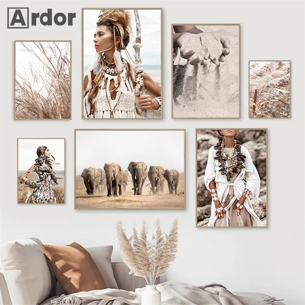 

Boho Wild Women Art Painting Grass Reed Canvas Posters Sand Hand Wall Art Print Nordic Poster Wall Pictures Living Room Decor