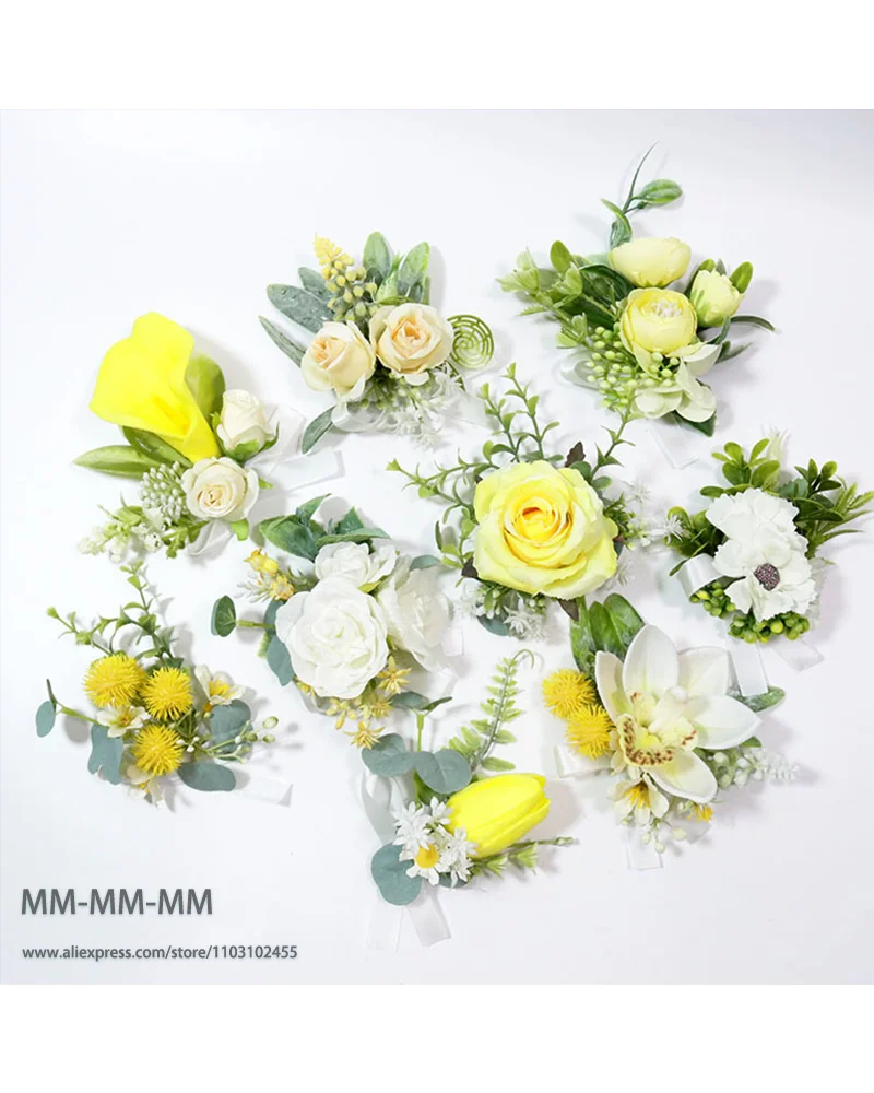 

MM Yellow Rose Boutonniere And Waist Corsage For Wedding for Bridesmaid Groomsman Silk Flower Decoration Marriage Accessories