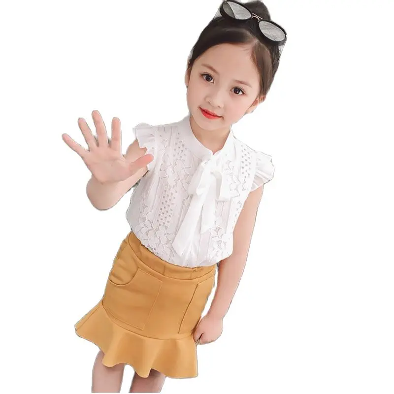 

New Summer Lady Style Girls Set Hollow White Shirt+Skirt 2Pcs Clothing Sets Children's Clothing Young Children