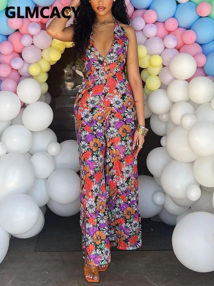 

Women Halter V Neck Summer Floral Printed Jumpsuits