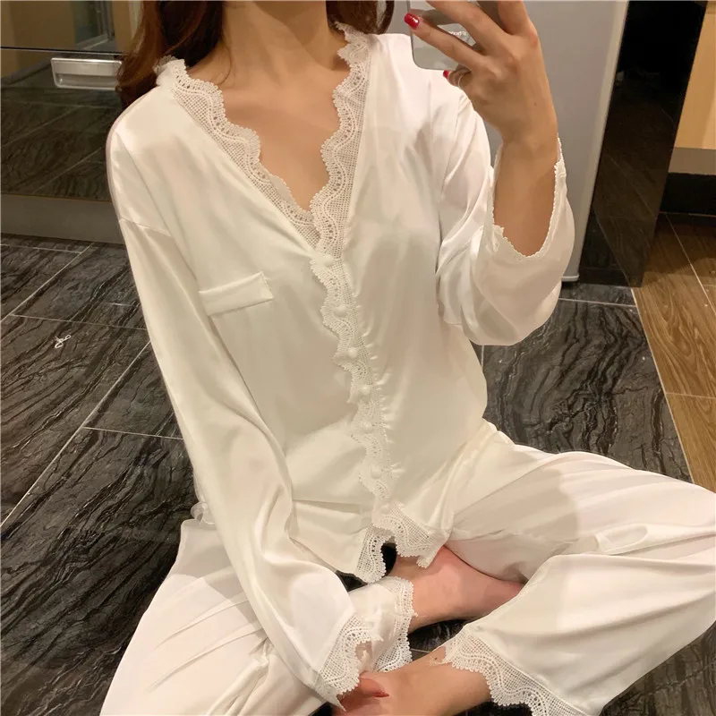 Пижама женская с длинным рукавом пикантная белая кружевная Милая ледяная