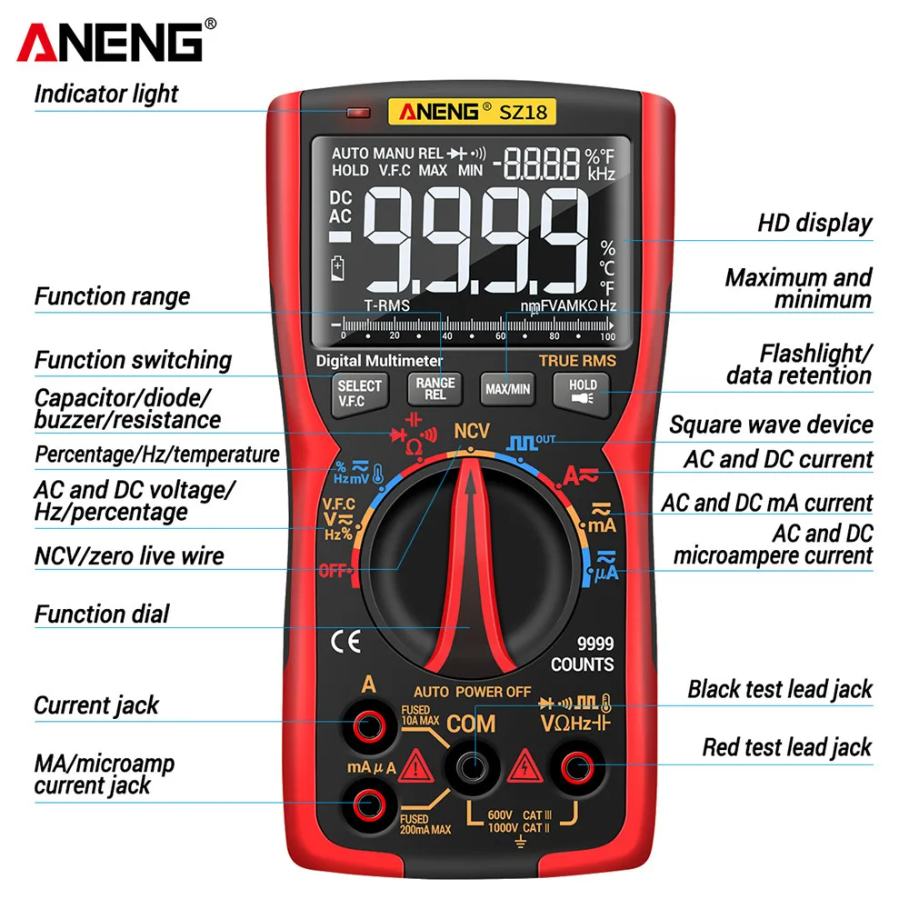 Цифровой мультиметр ANENG SZ18 профессиональный Аналоговый тестер True RMS 9999 дюйма |