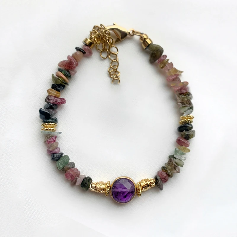

2022 Winter New Bohemian Natural Stones Gravel Bangle Purple Pink Round Stone Pendant Bracelet Man Women Ethnic Accessories