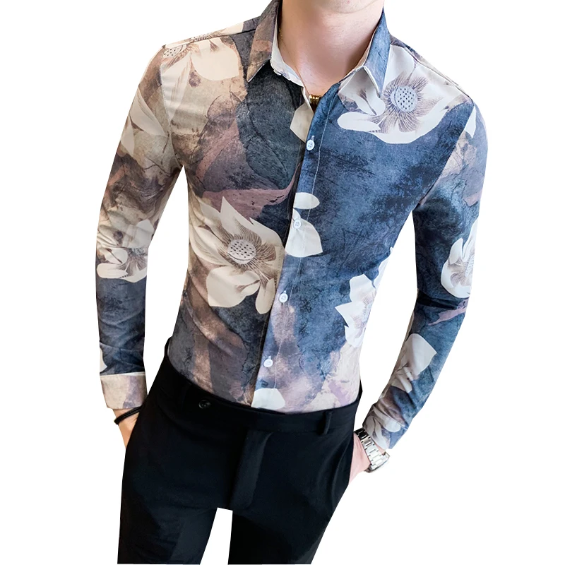 2022 Spring Men Shirts Floral Print Long Sleeve Casual Shirt Streetwear Slim Fit Floral Dress Shirt Men Clothes Camisa Masculina
