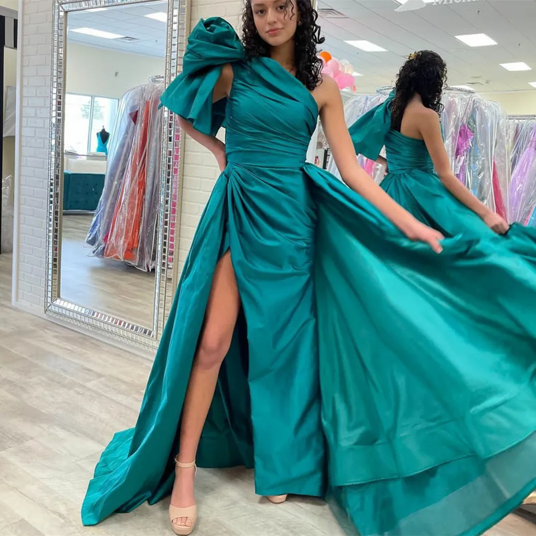 

Elegant Long Green One Shoulder Prom Dresses With Slit A-Line Taffeta Zipper Back Abendkleider Robes de Soirée for Women
