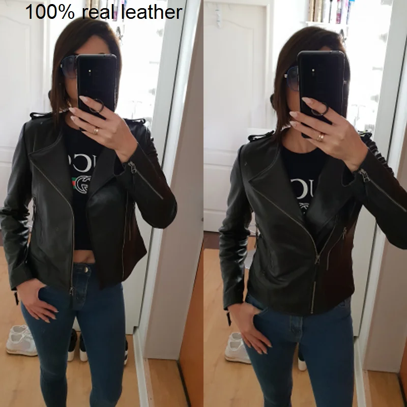 CLEARANCE Women Leather Jacket Soft 100% Sheepskin Lambskin O-Neck Black Short Female Coat Spring Autumn M046