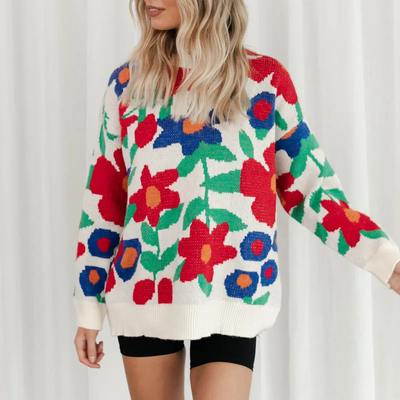 

Fashion Flower Print Sweaters Women Winter Oversized Crewneck Long Sleeve Knitted Sweatshirts Female Loose Casual Pullovers Tops