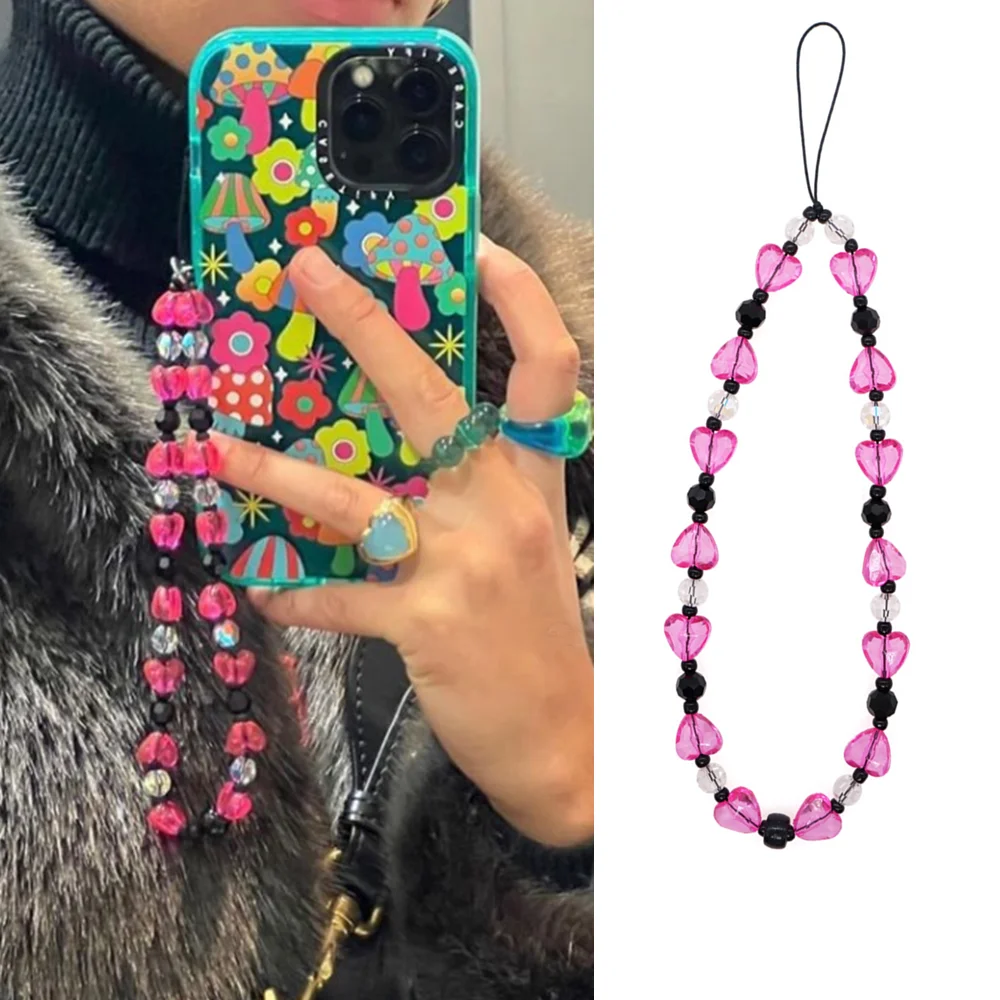 

Transparent Pink Heart Crystal Phone Charm Wristlet Strap Hanging Lanyard for Women Handy Phone Case Cord Chain Y2K Accessories