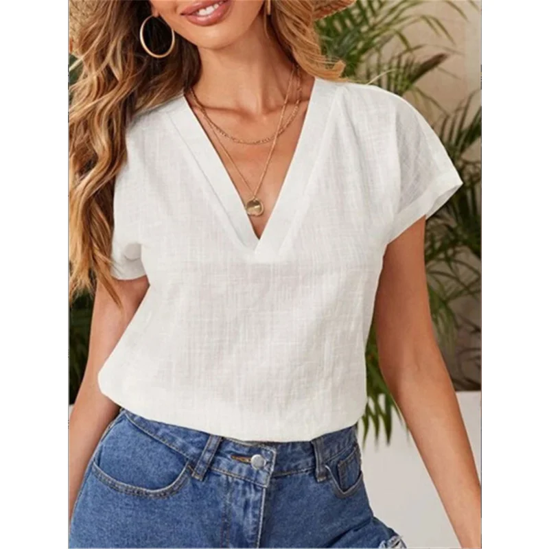 

Woman Summer Tops Solid Short-sleeved V-neck Women T-Shirt Office Lady Cotton and Linen Loose White Blouse Femme Blusas Mujer