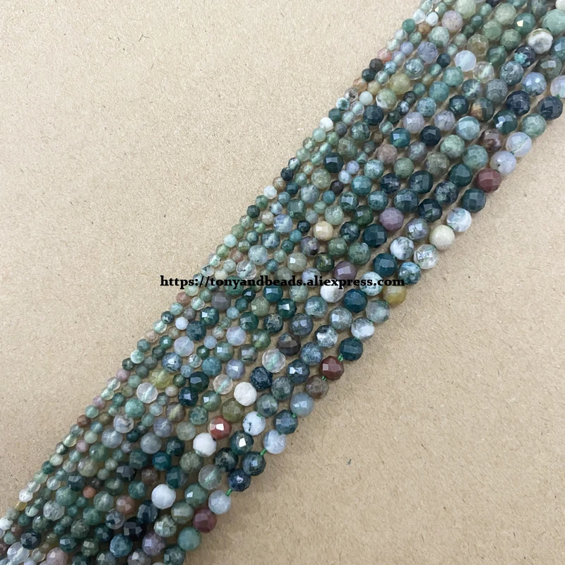 

Small Diamond Cuts Faceted Indian Agate Stone Round Loose Beads 15" 2 3 4MM Pick Size For Jewelry Making DIY