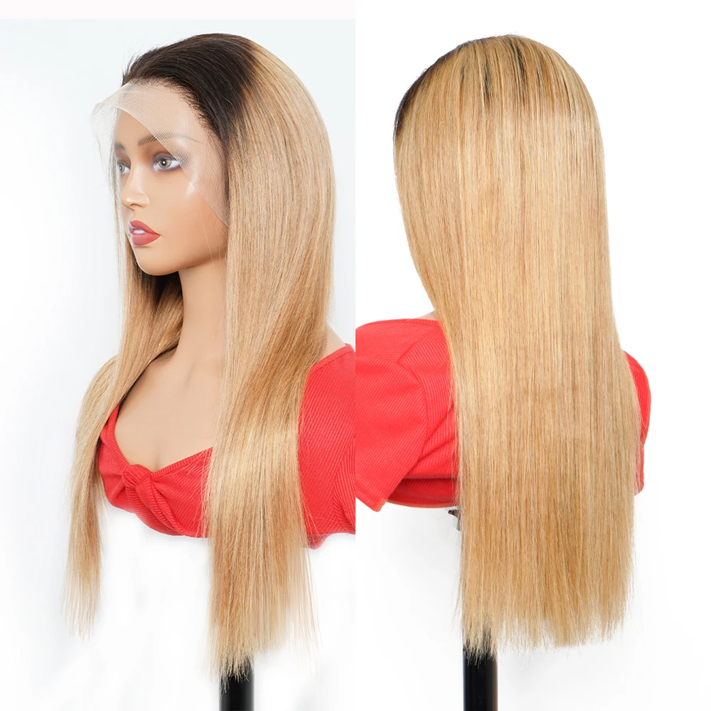 13x4 Lace Frontal Wig 250% Density T1B27 Ombre Color Honey Blonde Bone Straight Pre-colored Remy Indian Human Hair Wigs