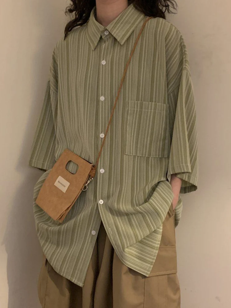 

Zoki Harajuku Vintage Oversize Women Striped Shirts Japan Preppy Style Half Sleeve Loose Blouse Summer Pocket Female Design Top