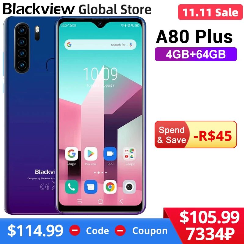 

Смартфон Blackview A80 Plus, 4 + 64 ГБ, NFC, 8 ядер, 6,49 дюйма, HD дисплей, аккумулятор 4680 мАч