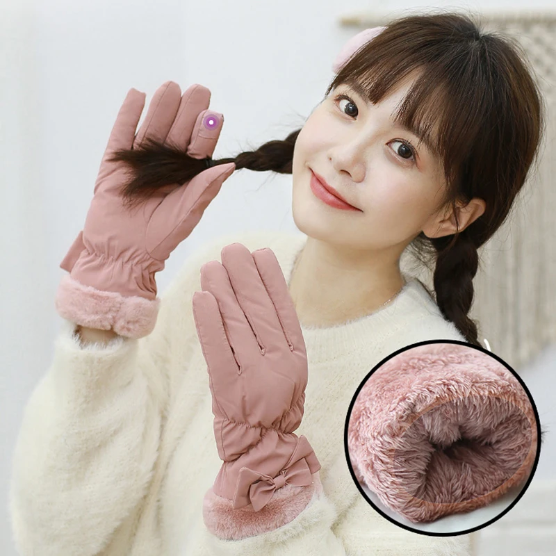 

Women Plus Velvet Thick Touch Screen Gloves Outdoor Windproof Riding Gloves Waterproof Down Cotton Bowknot Full Fingers Mittens