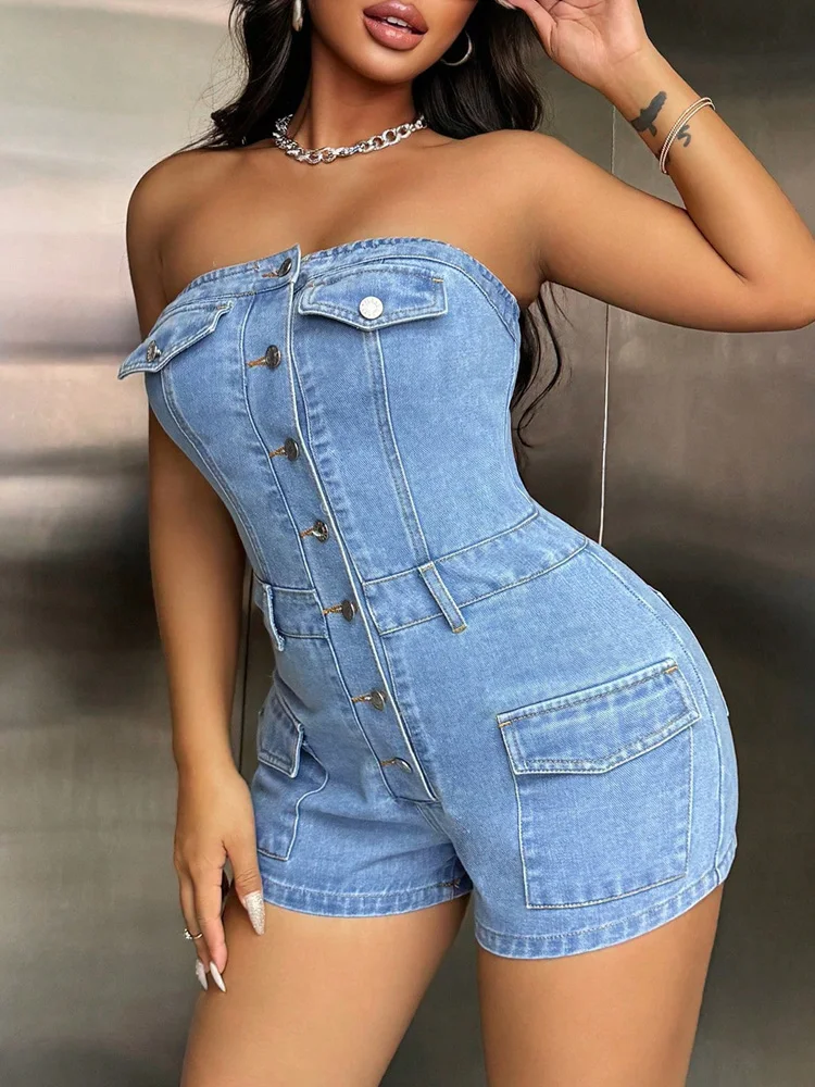 Benuynffy пуговицы спереди Облегающий джинсовый комбинезон женская уличная одежда