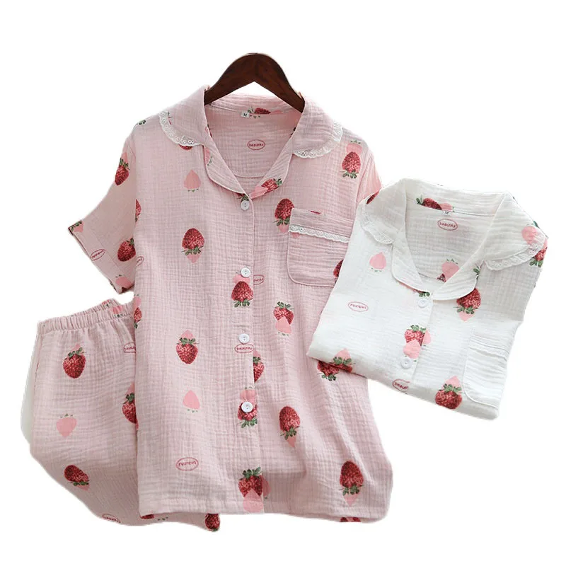 

Кружевная женская ночная рубашка, летний хлопковый кардиган с коротким рукавом, пижама из двух частей, топ с шортами, свободная пижама с при...