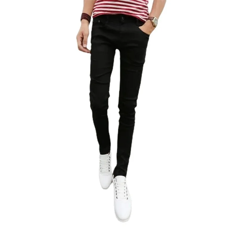 Korean Style Jeans Men Jeans Spring and Summer Solid Color Slim Jeans Men's Pocket Button Mid-Waist Denim Pencil Pants Trousers