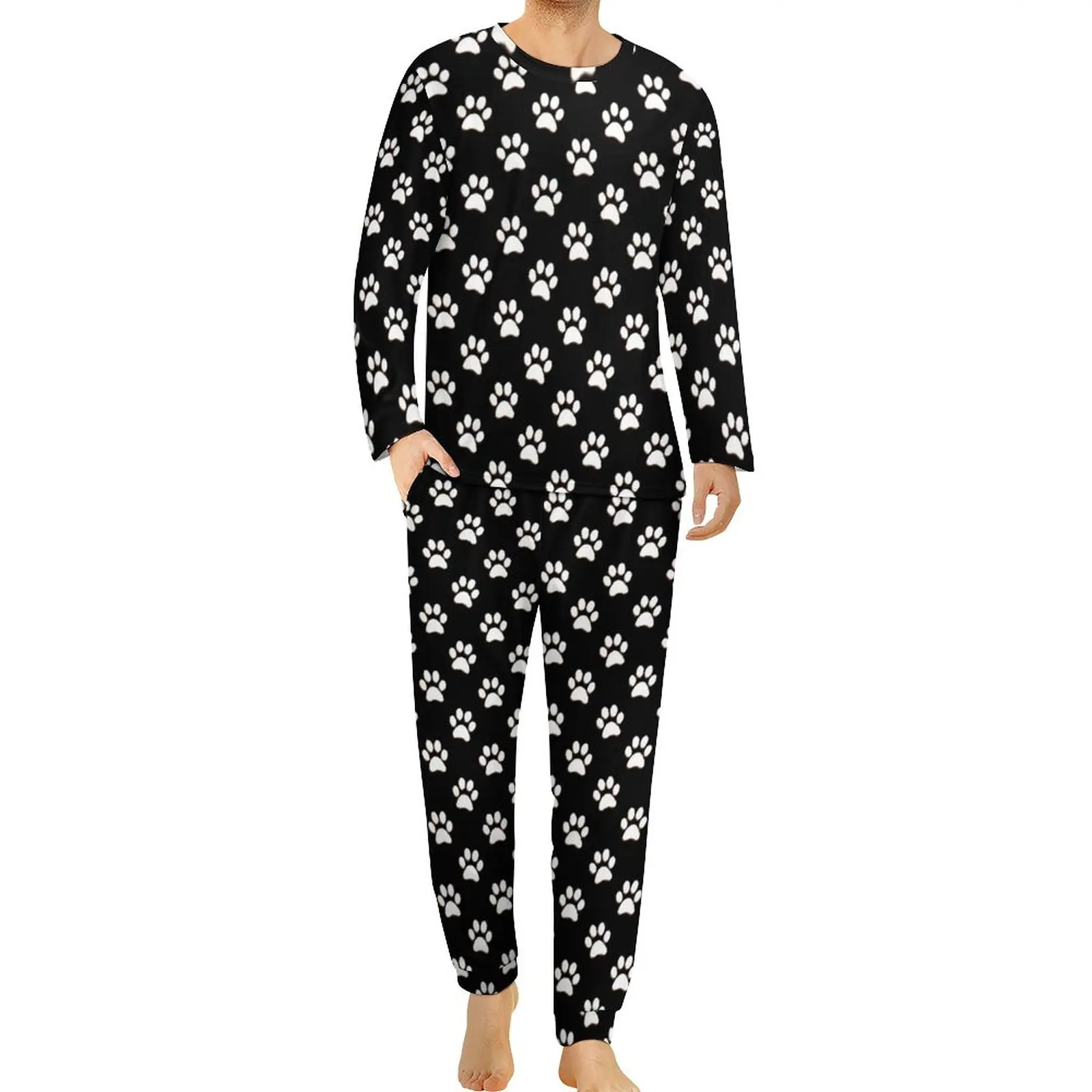 White Dog Paws Pajamas Daily Pet Lover Leisure Sleepwear Man 2 Pieces Custom Long Sleeve Kawaii Big Size Pajama Sets