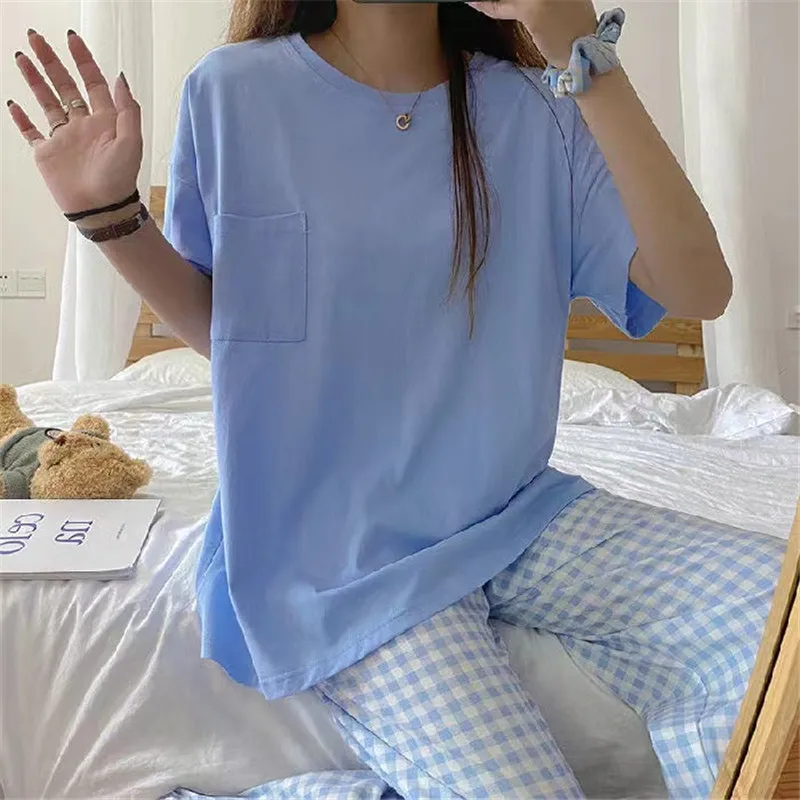 Women's Pajamas Sets Summer Fashion Short Sleeve Trousers Two Piece Set Pyjamas Korean Style Clothing Homewear Sleepwea