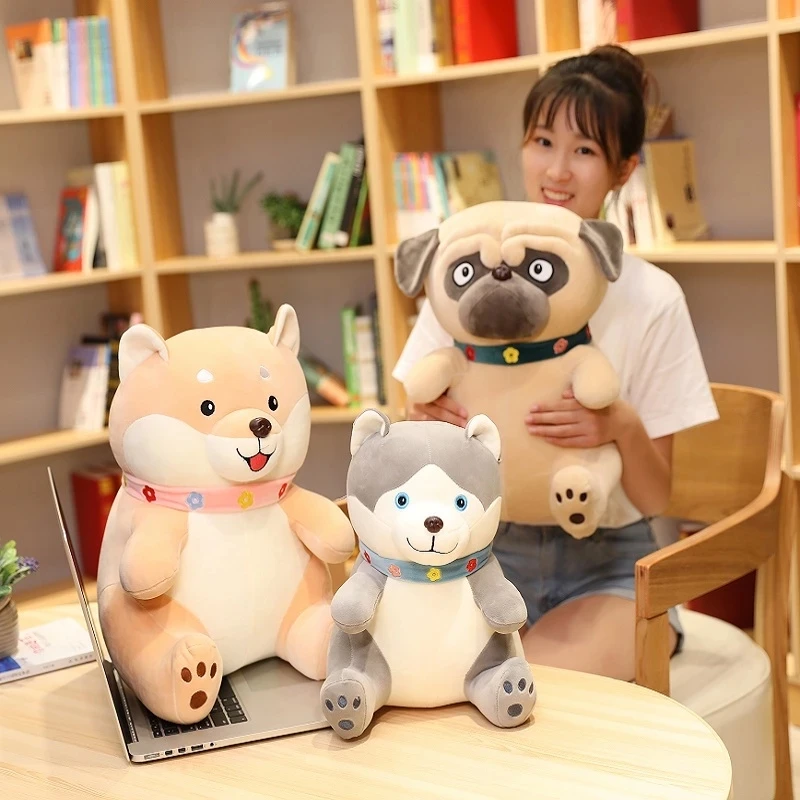 1pc Huggable Fat Pug Plush Toys Kawaii Pug Dogs With Collar Husky Shiba inu Toy Stuffed Animal Baby Dolls for Kids Birthday Gift