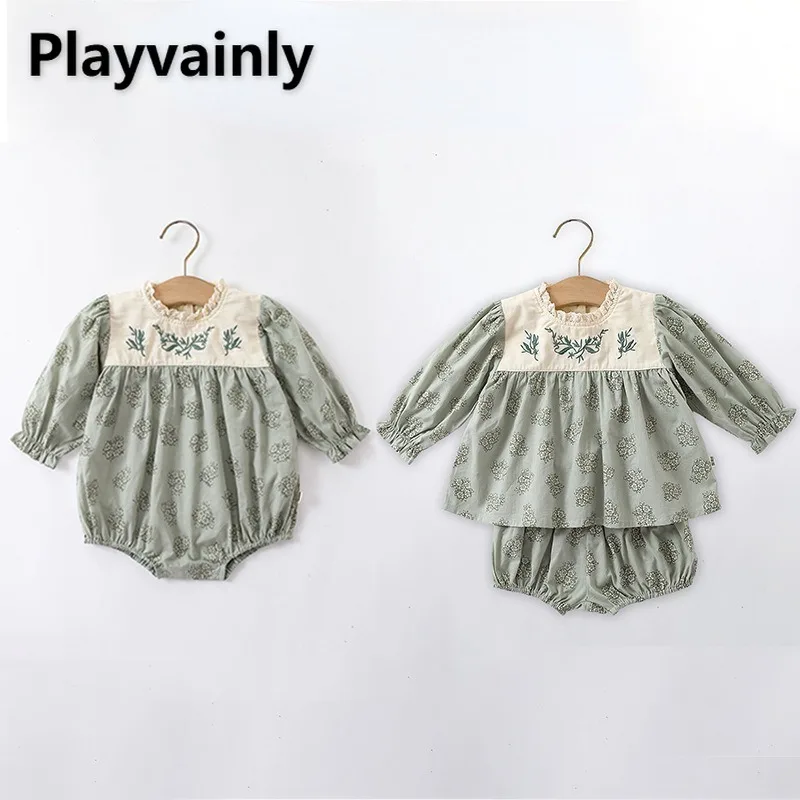 

New Spring Autumn Family Matching Outfits Lace O-neck Long Sleeve Bodysuit Floral Doll Shirt+Shorts Twins Sisters Clothes E23200