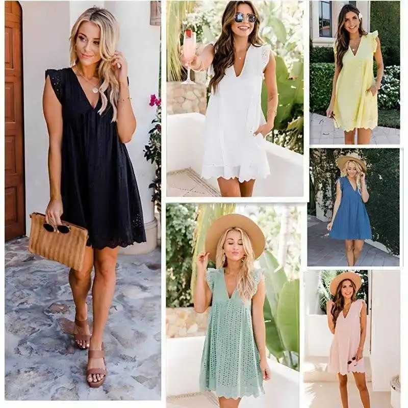 

Lace Jacquard Hollow Out Dress V Neck Fashion Sexy Womens Pocket Lining Shorts