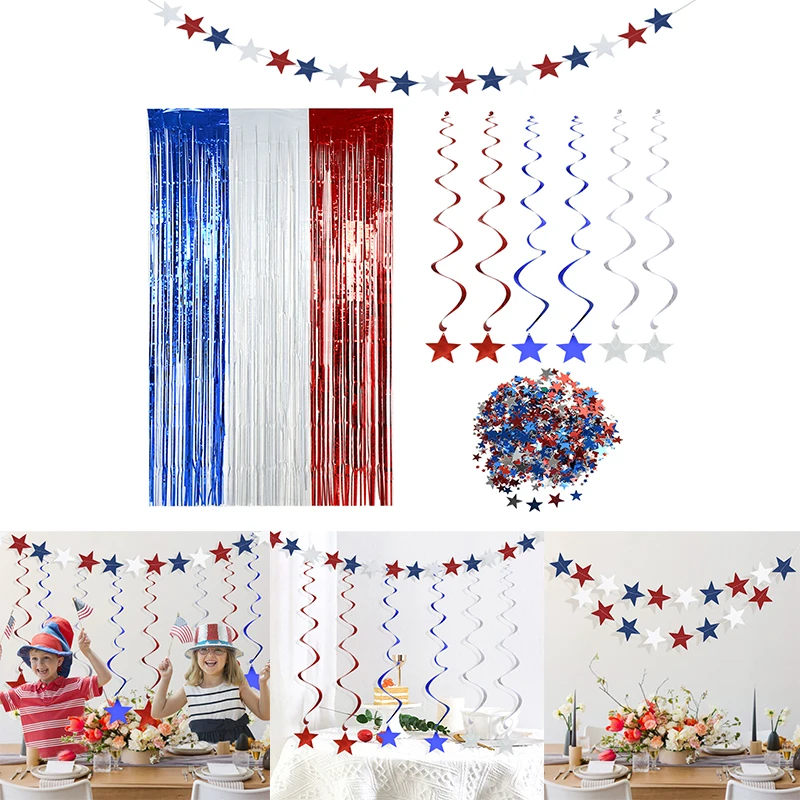 

USA 4th of July Independence Day Glitter Red Blue Silver White Star Garland Banner Fringe Curtain Hanging Swirl Patriotic Decor