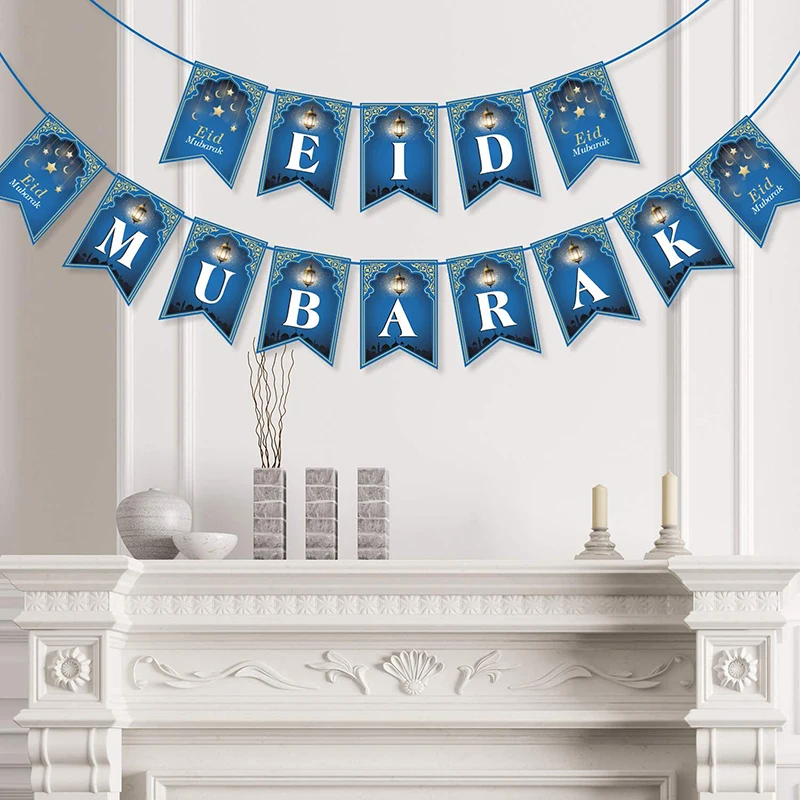 Синий Ид Мубарак Вечеринка Баннер Рамадан Карим Спиральный Гирлянды