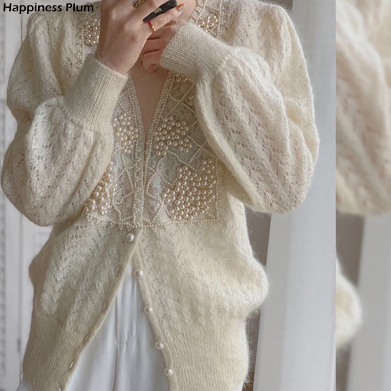 

New Autumn Ladies Vintage Sweet Single Breasted Hollow Pearl Blouse Streetwear Casual Tops Wild knitted Cardigan Loose Sweater
