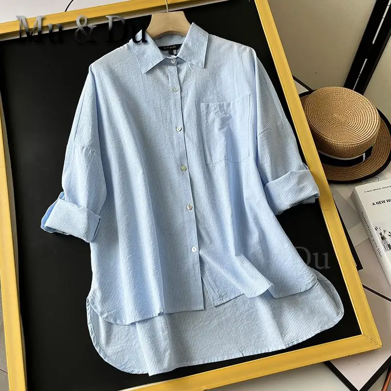 

Mu&Du 2023 Women Summer Stripe Lapel Long Sleeved Pocket Asymmetric Shirt Femme Oversized Casual Versatile Blouse Blusas Tops