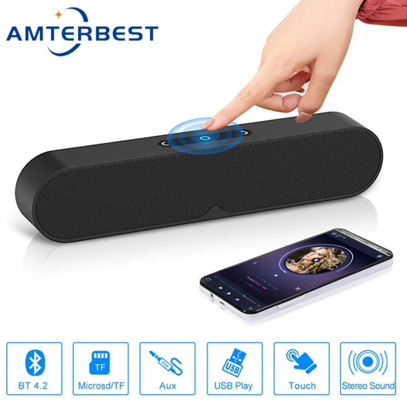 AMTERBEST Soundbar Bluetooth Speaker 10W 2000mAh USB Flash Drive TF Card Playback Subwoofer Wireless Horn 3.5mm AUX Input