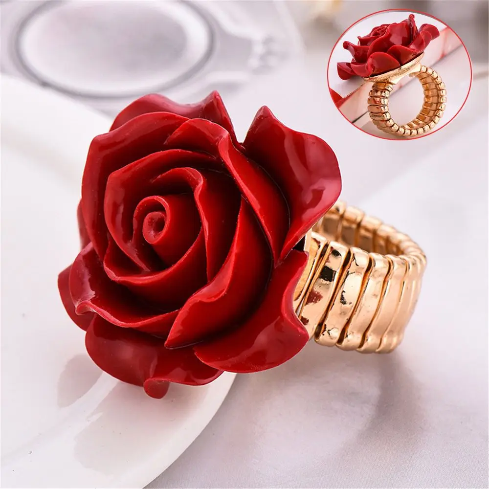 

New Adjustable Fashion Flower Floral Statement Resin Rose Ring Carved