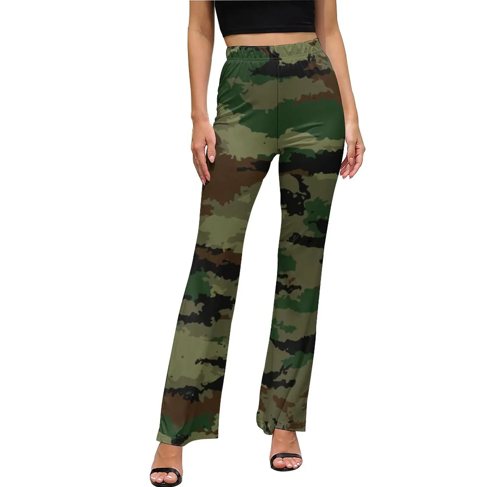

Black And Green Camo Pants Woodland Pattern Camouflage Home Flared Trousers Summer Women Print Street Wear Slim Fit Pants