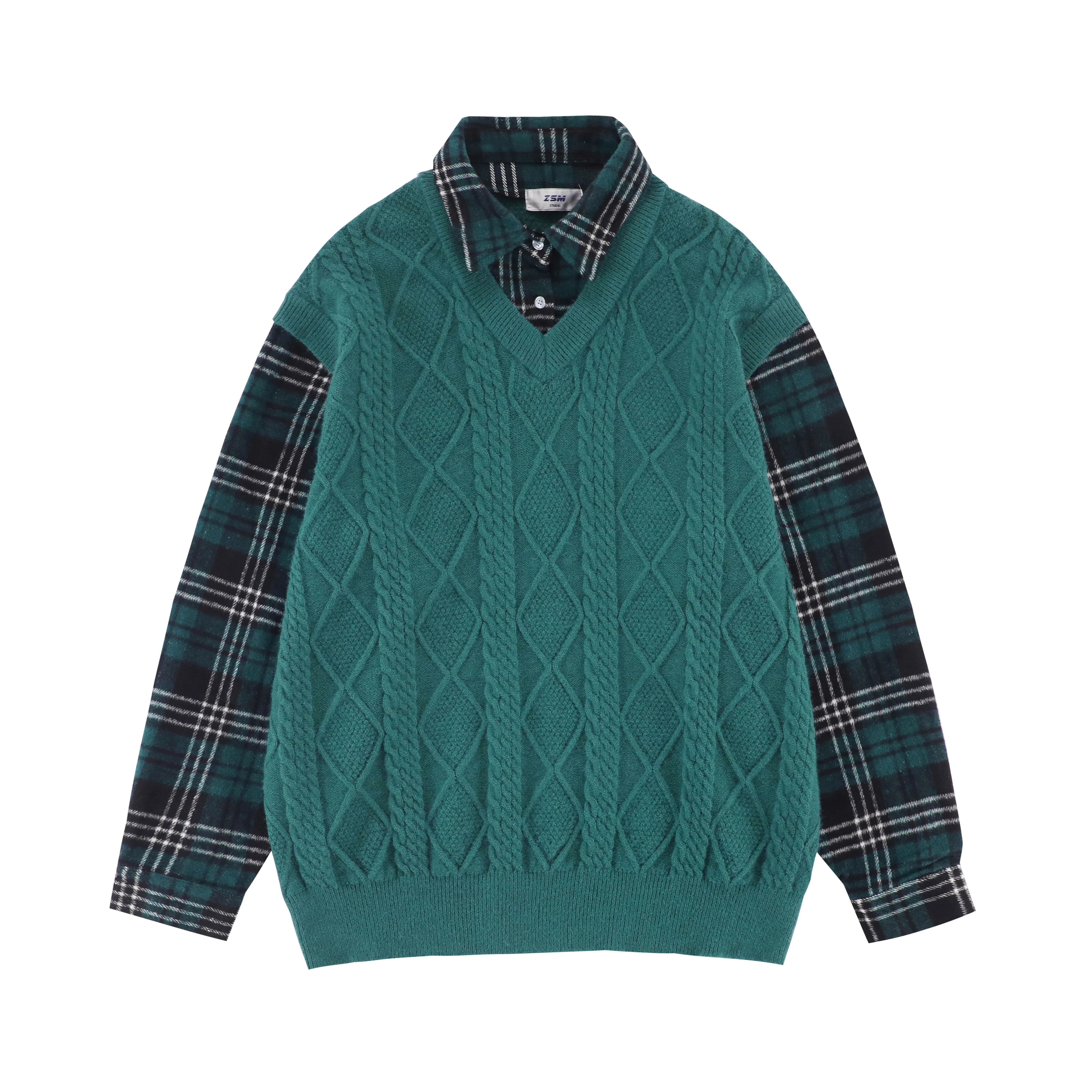

22 autumn and winter new products vest sweater fake two-piece lapel plaid shirt loose large size thick pullover top