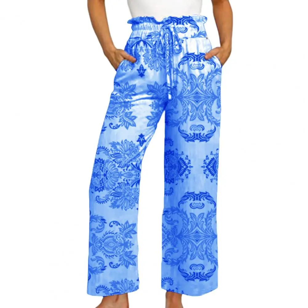 

Pants Women 2022 Ruffle Sheer Mid-Rise Vintage Pattern Drawstring Elastic Waist Casual Wide Leg Trousers Female Clothing