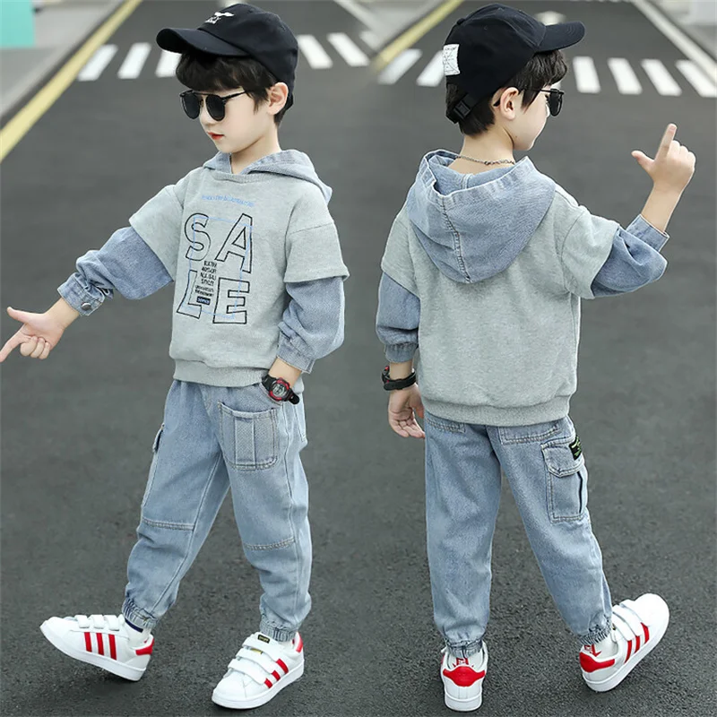 Boys Suit Sweatshirts +Pants Cotton 2Pcs/Sets 2022 Grey Spring Autumn Thicken Kid Sportswear Teenagers Jogging Suit Children Clo
