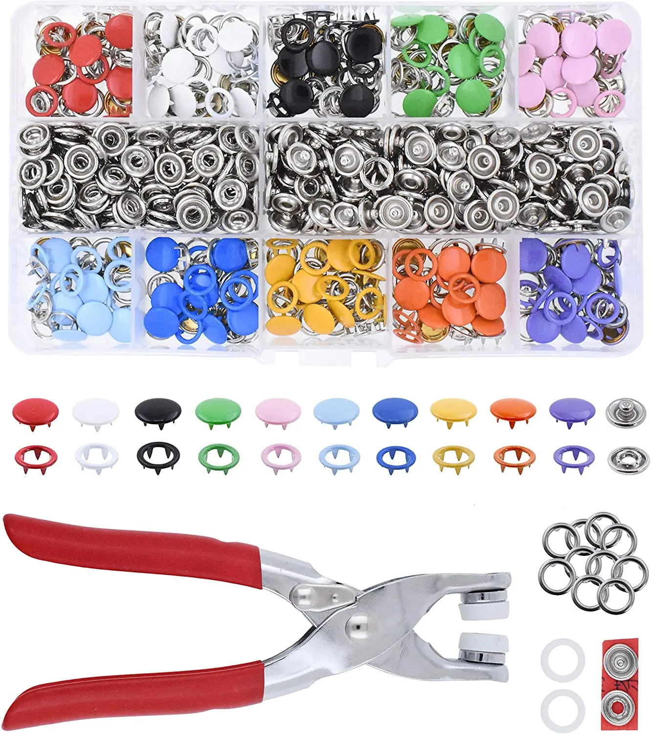 

100/200Pcs Metal Button Kit with Plier,10 Colors 9.5mm Buttons with Snap Fastener Tool for Leather Crafting and Sewing Clothing