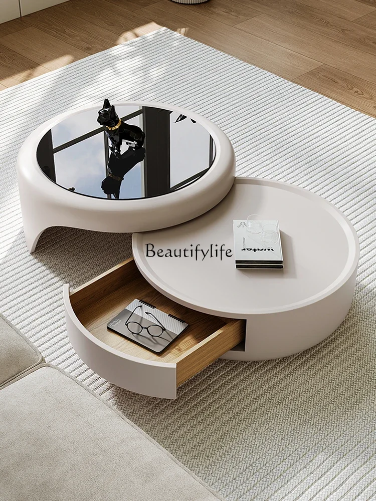 Круглый журнальный столик современный простой из закаленного стекла кремовый