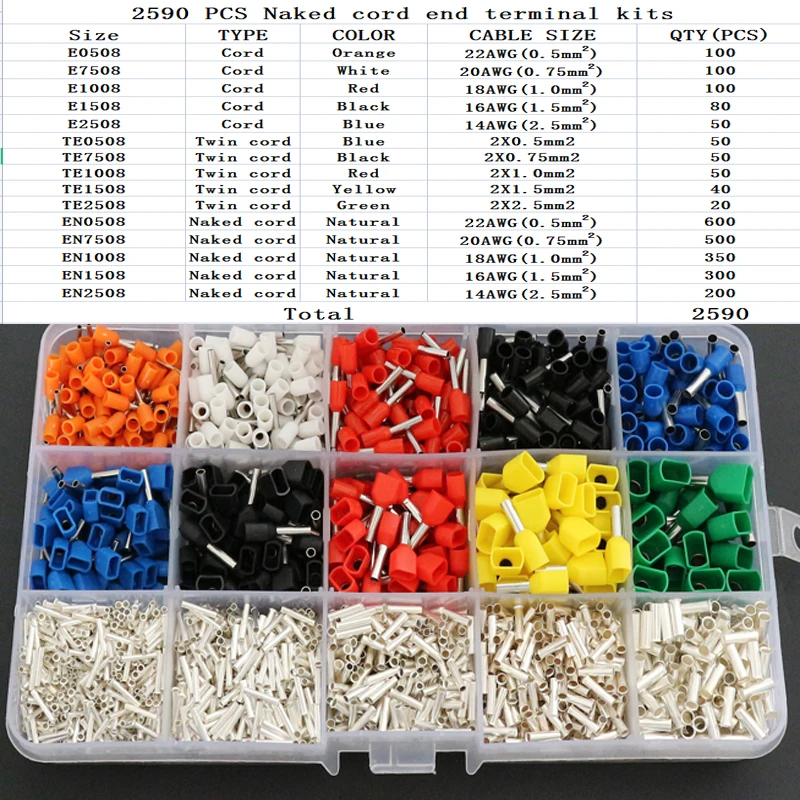 2590 шт. TE0508 TE7508 TE1008 EN0508 EN7508 E0508 E7508 двойная труба холоднопрессованный конец двойная трубка в форме изолированный трубчатый терминал