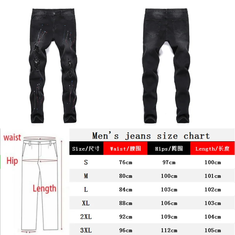 New Men's Jeans Men's Four Seasons Black Casual Travel Print Button Sports Pants Ripped Jeans Stretch Skinny Pencil Pants Denim