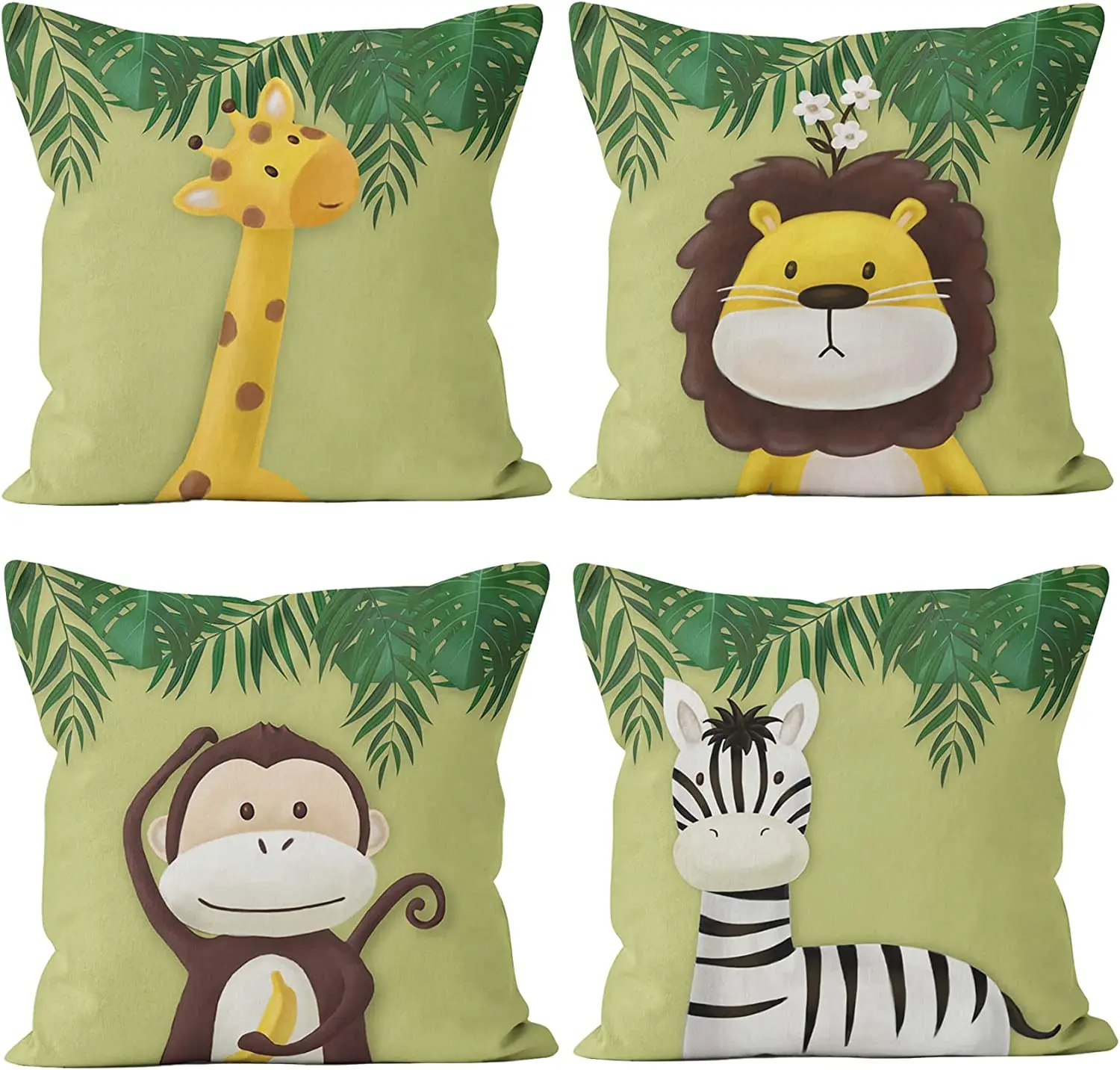 

Cartoon Animals Zoo Throw Pillow Covers Kids Pillowcase Jungle Animals Green Leaves Pillow Covers For Sofa Decorative Pillowcase