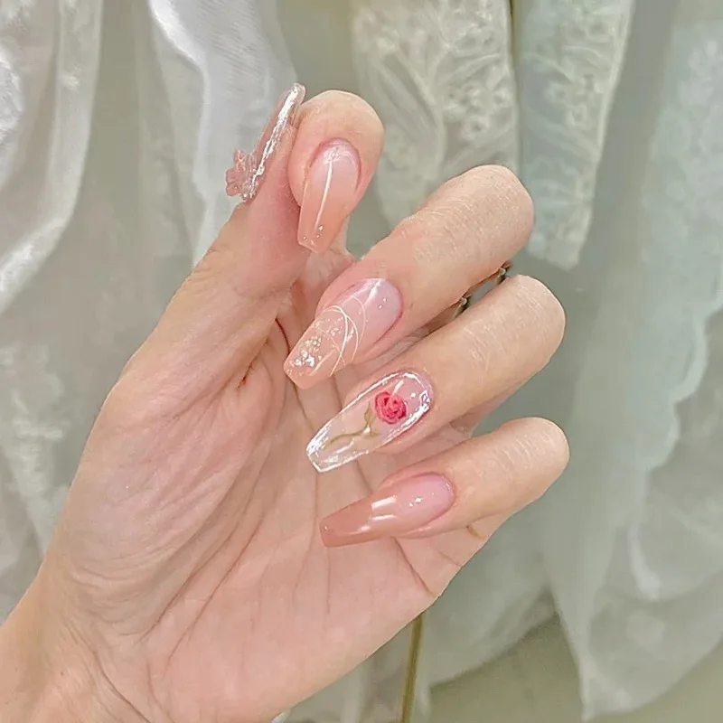 

24Pcs Detachable False Nails With Designs Long Pink Watercolor Rose Coffin Fake Nails French Ballerina Nail Art Full Cover