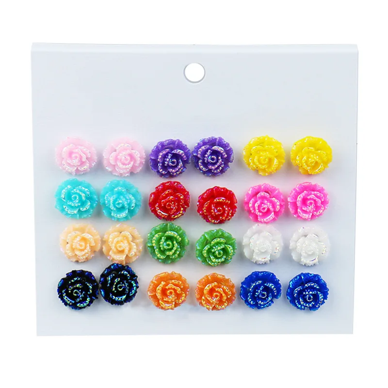 9/12Pairs Acrylic Colorful Tulip Rose Studs Earrings Set Fashion Circle Ear Cuff Perforated Jewelry Women Accessories