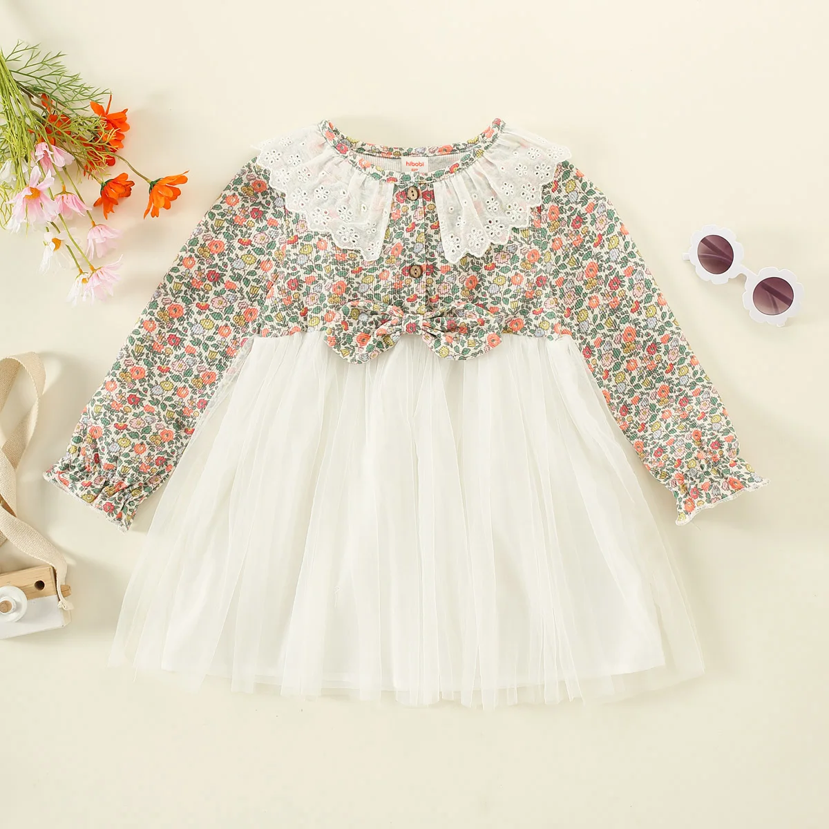 

hibobi Toddler Girl Dress Floral Print Bowknot-decor Lace Long Sleeve Stitching Dress For Girls Autumn Dress For Girl