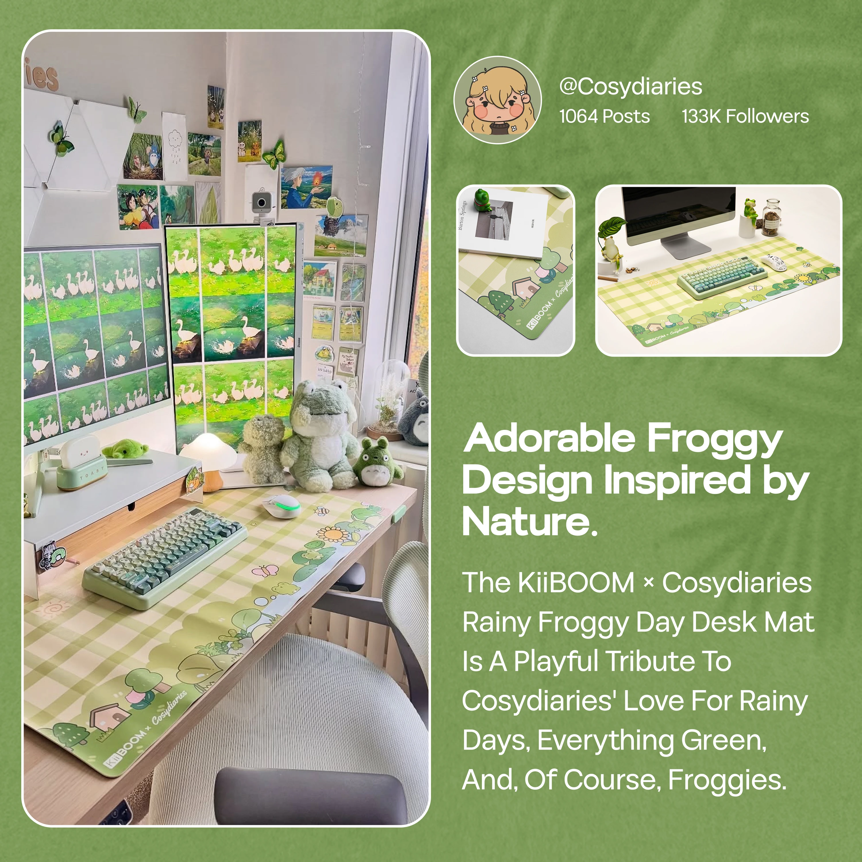 Фото KiiBOOM X Cosydiaries Rainy Froggy Day настольный коврик 35,4 x 15,7 дюйма из искусственной кожи игровой и офисный коврик для клавиатуры/мыши/ноутбука №5