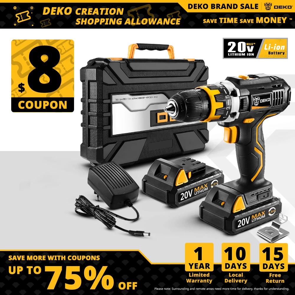 

DEKO GCD20DU2 20V Electric Cordless Drill Mini Wireless Power Tool Screwdriver DC Lithium-Ion Battery 2-Speed