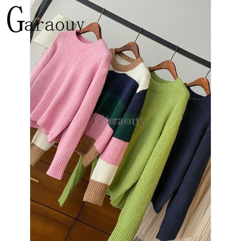 

Garaouy 2022 Autumn Women's 4 Colors O Neck Long Sleeve Sweaters Female Pink Y2K Soft Pullover Loose Knitted Jumper Mujer Pull