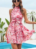 womens fashion elegant halter floral mini dress summer casual belt boho beach vacation sundress slim a line dresses for woman